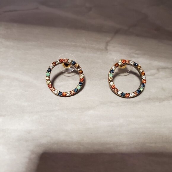 🌈 J.Crew Rainbow Pave Rhinestones Crystals Hoop Post Stud Earrings 🌈 - Picture 4 of 6